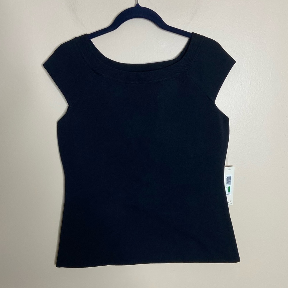 NWT Eliza J Ribbed Cap Sleeve Stretchy Top size Large black capsule office